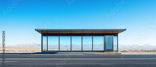 Desert bus stop, clear sky, mountain background. Transportation