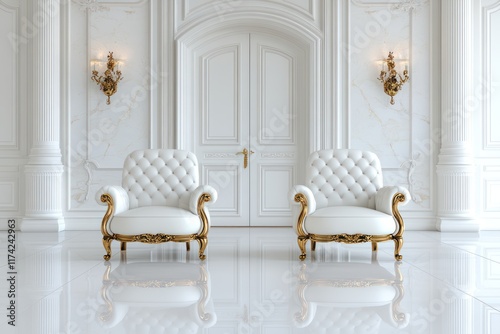 Modern Living: White Tufted Armchairs in High-Ceilinged White Room