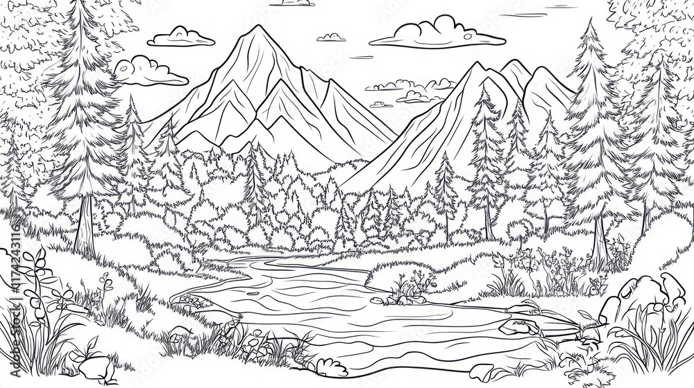 Serene Mountain River Landscape Drawing Serene Mountain River Landscape Drawing