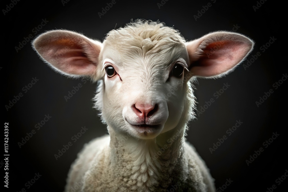 Fototapeta premium Tilt-shift photography captures a tiny lamb against a stark black background. A precious baby animal portrait.