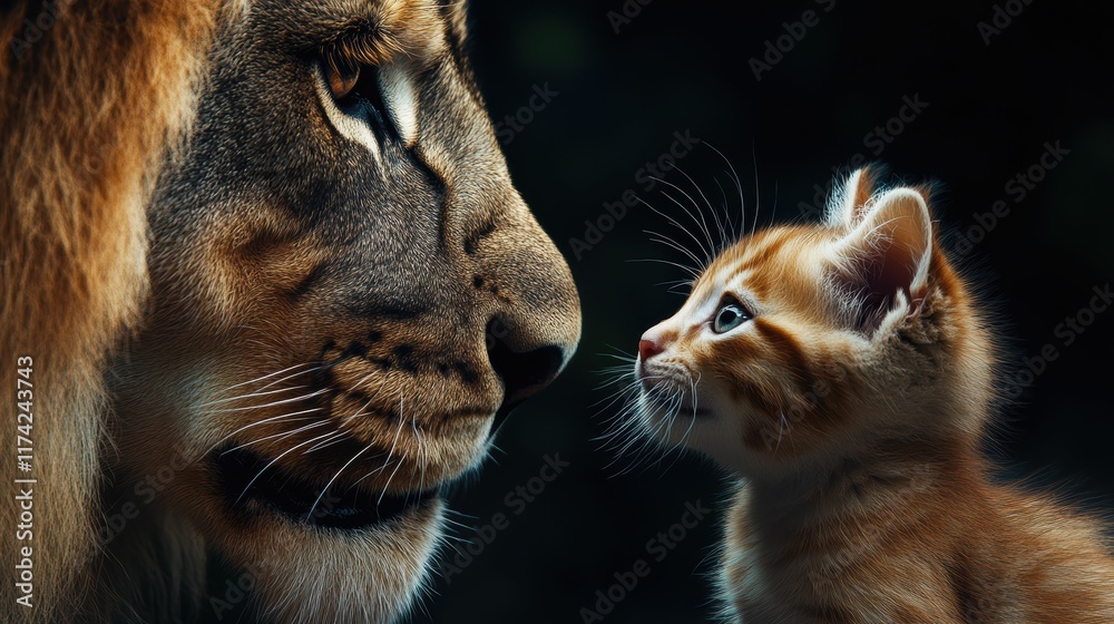 Curious kitten gazing up at a majestic lion, symbolizing innocence meeting power. The scene blends charm of youthful curiosity with awe inspiring presence of strength and authority. Curious kitten gazing up at a majestic lion, symbolizing innocence meeting power. The scene blends charm of youthful curiosity with awe inspiring presence of strength and authority.