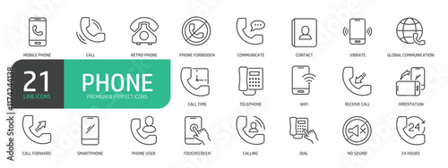 Set Of Phone Line Icons. The set includes a Telephone, Mobile Phone, Contact, Wifi, Communicate, Phone User, Touchscreen, Global Communication.
