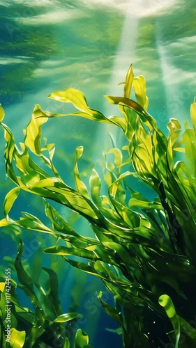 Underwater view of vibrant green seaweed swaying gently in sunlight