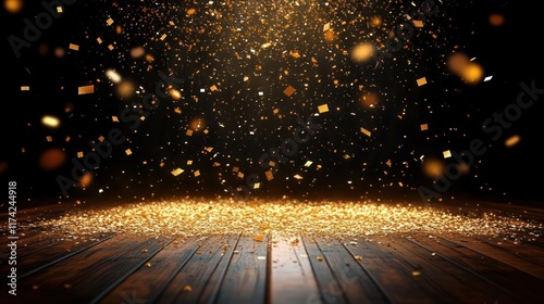 Golden Confetti Celebration Scene with Spotlight for Events and Parties photo