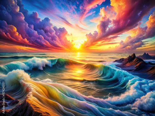 Wavy lines dance across a soft, textured digital landscape; a panoramic abstract painting of surreal beauty.