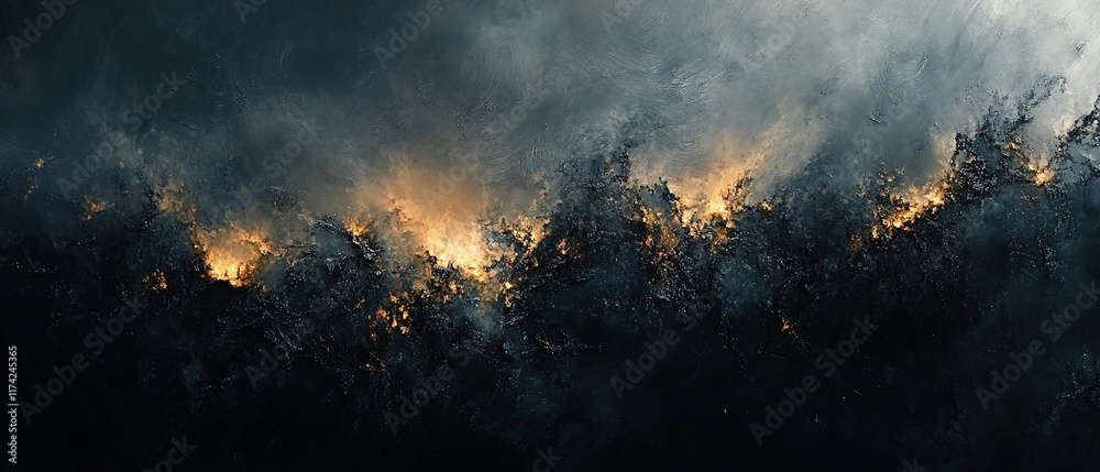Fiery landscape, dark clouds, inferno, apocalyptic background, film texture Fiery landscape, dark clouds, inferno, apocalyptic background, film texture