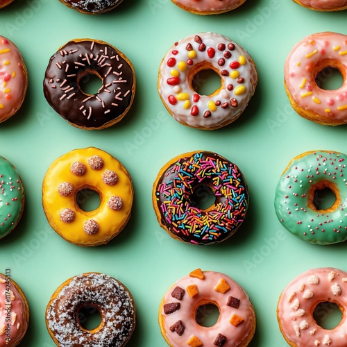 Delicious donuts in an array of colors and toppings are beautifully arranged on a soft pastel background. Each donut offers a unique flavor and design, inviting indulgence.