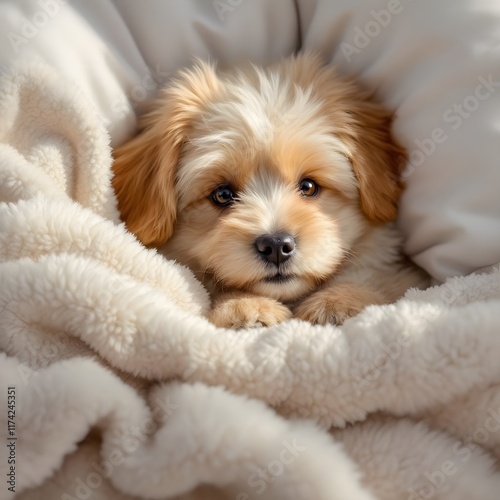 Little puppy cuddled up in bed