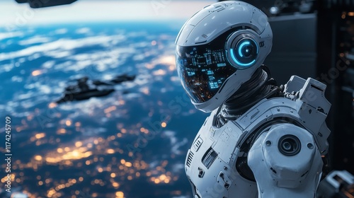 A robot is standing on a planet with a city in the background