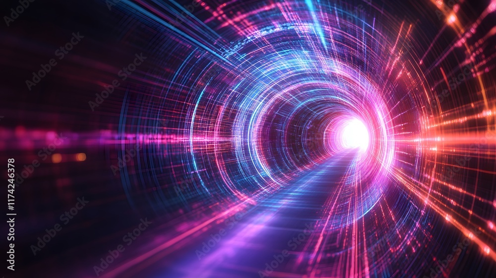 Abstract technology background features a vibrant neon digital tunnel with abstract glowing lines and 3D geometric shapes, representing the futuristic path of technological advancement Abstract technology background features a vibrant neon digital tunnel with abstract glowing lines and 3D geometric shapes, representing the futuristic path of technological advancement