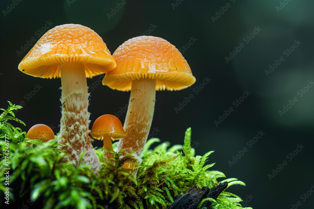 Vibrant orange mushrooms in lush forest environment Vibrant orange mushrooms in lush forest environment