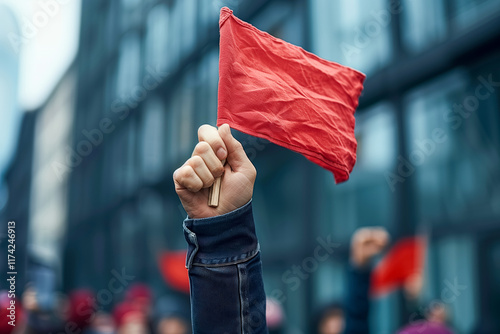 Red flag raised at urban protest by young adult hand photo