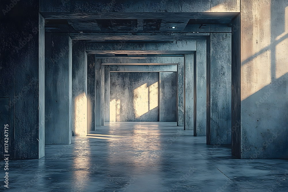 Obraz premium stock photo features a 3D-rendered empty and dark abstract concrete room interior