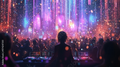 Solo DJ at the console under falling neon lights, performing for a massive, colorful crowd surrounded by confetti.