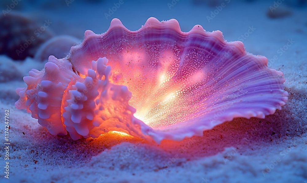Glowing seashell on beach at night, ocean background, nature photography Glowing seashell on beach at night, ocean background, nature photography