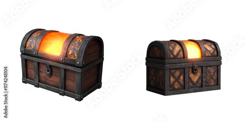 Heavily decorated treasure chests glowing from within, showcasing intricate designs and warm light photo