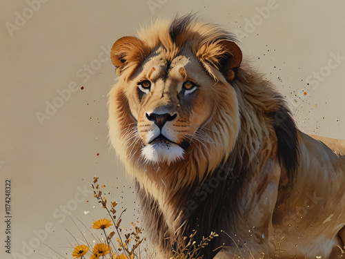 The illustration shows a lion surrounded by yellow flowers.