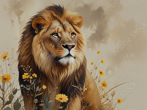 The illustration shows a lion surrounded by yellow flowers. photo