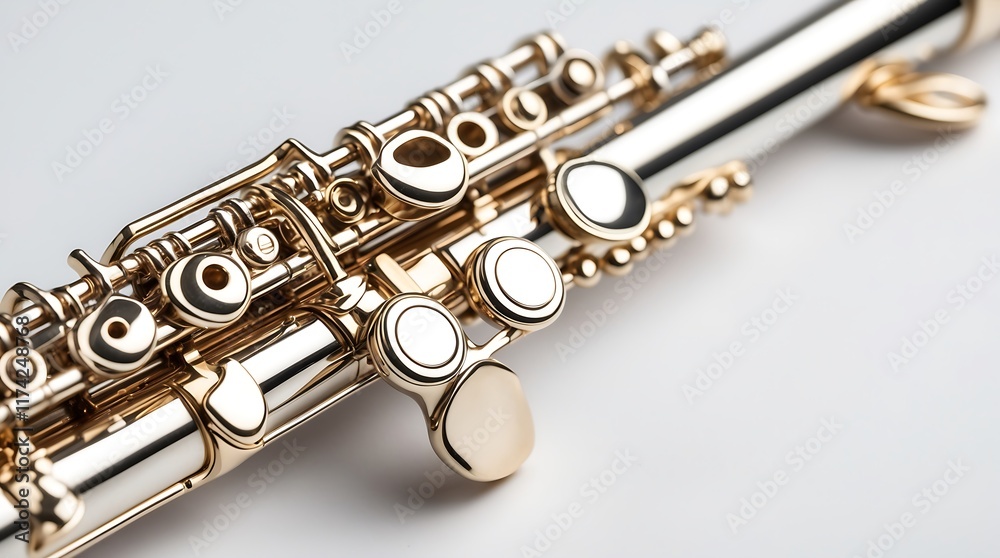 Naklejka premium Close-up of a gleaming silver flute with gold-plated keys, showcasing intricate detail and musical elegance.