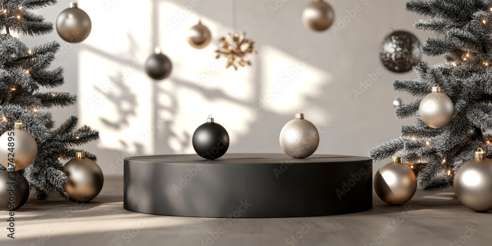 Naklejka premium Elegant decorative elements create a minimalist Christmas atmosphere with black and gold ornaments surrounded by lush greenery in a bright space