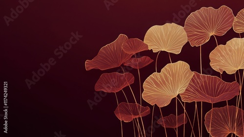 Richly detailed gold line lotus leaves set against a deep burgundy backdrop 