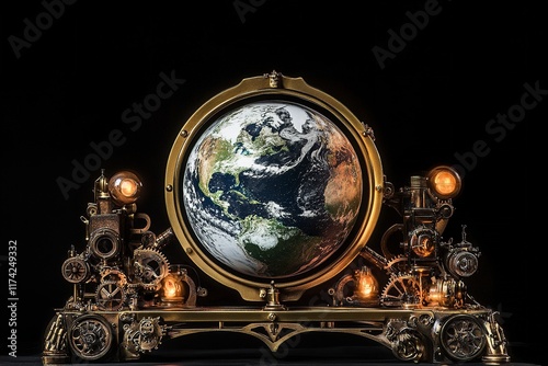 Steampunk Earth in Brass Globe Holder with Glowing Accents on Dark Background photo