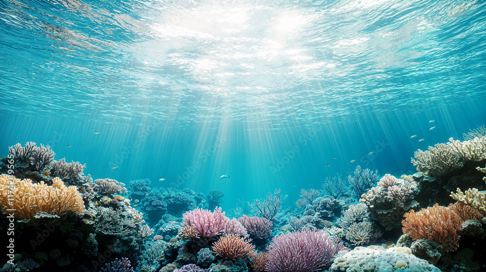 Obraz premium Stunning underwater coral reef scene background wallpaper, vibrant sea life and serene ocean depths