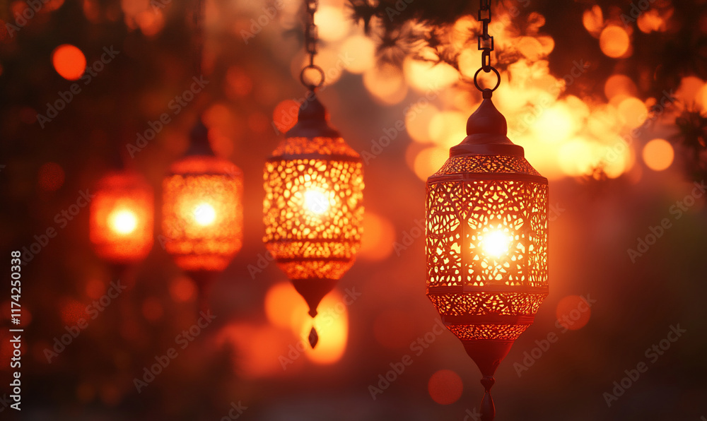 Ornate lanterns glowing against a sunset backdrop.