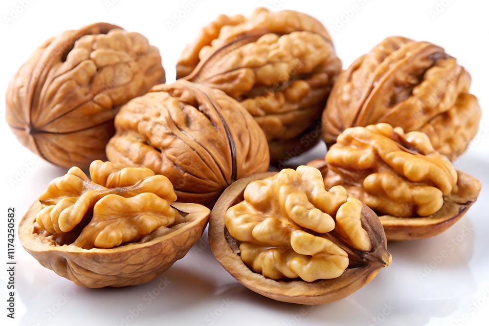 Walnuts kernels on dark desk with color background, Whole walnut in white background. Walnuts kernels on dark desk with color background, Whole walnut in white background.