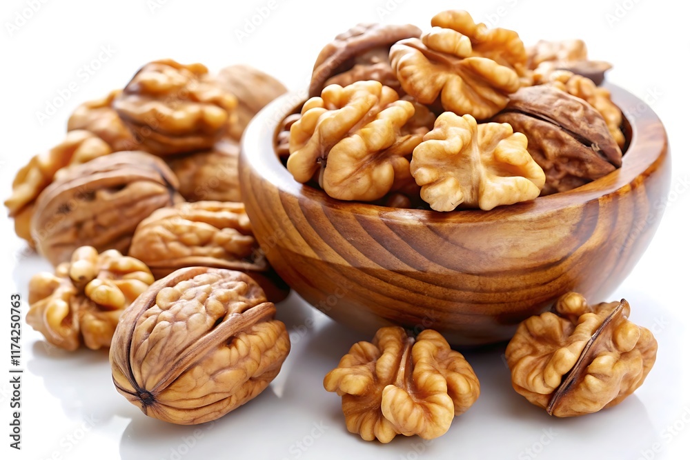Walnuts kernels on dark desk with color background, Whole walnut in white background. Walnuts kernels on dark desk with color background, Whole walnut in white background.