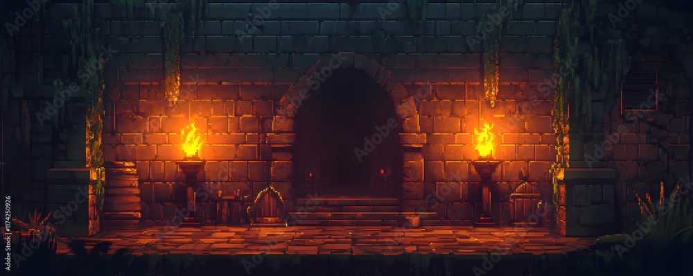 An atmospheric entrance to a mysterious stone structure illuminated by flickering torches An atmospheric entrance to a mysterious stone structure illuminated by flickering torches