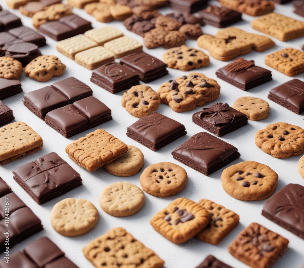 Variety of milk and dark chocolate squares and assorted biscuits on white surface, snack, squares, clean background