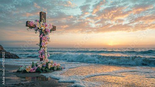 The image shows a wooden cross adorned with colorful flowers, placed on a beach at sunset photo