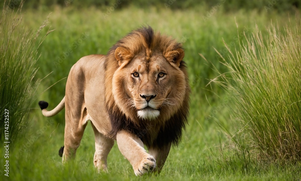 Obraz premium 위엄한 사자사진 사냥을 준비하고 있다