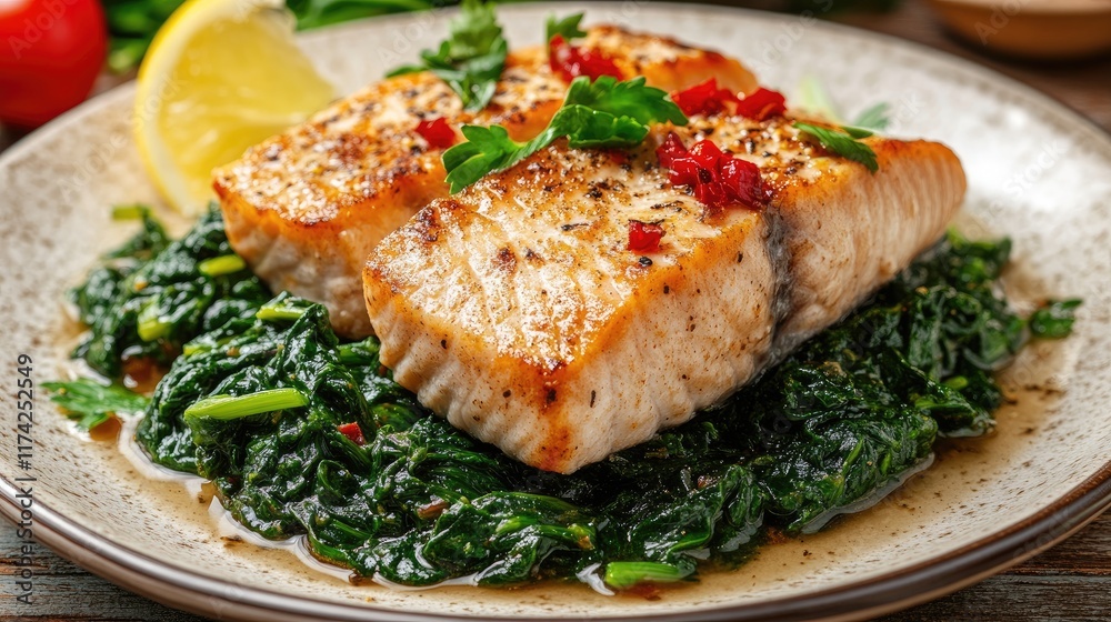 Grilled tuna fillet served on stewed spinach with spices and herbs Fresh seafood dish beautifully plated for a gourmet dining experience Grilled tuna fillet served on stewed spinach with spices and herbs Fresh seafood dish beautifully plated for a gourmet dining experience
