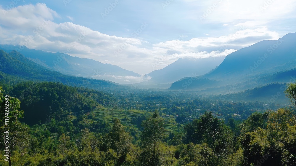 Breathtaking panoramic view of misty mountains and lush valleys under a clear sky showcasing natural beauty and tranquility Breathtaking panoramic view of misty mountains and lush valleys under a clear sky showcasing natural beauty and tranquility