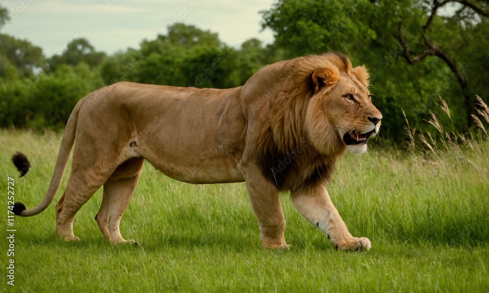 Obraz premium 위엄한 사자사진 사냥을 준비하고 있다