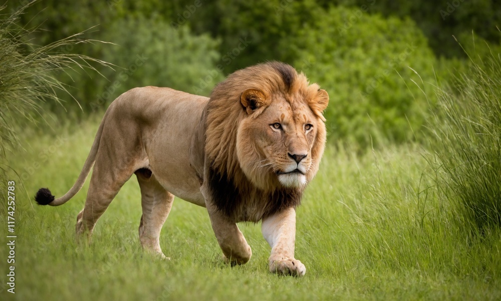 Obraz premium 위엄한 사자사진 사냥을 준비하고 있다