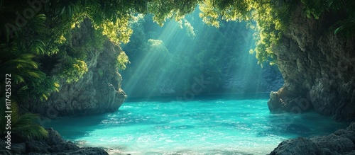 Breathtaking scene of a serene turquoise lagoon nestled within a mysterious tropical cave surrounded by lush greenery and sunbeams filtering through the natural canopy  This enchanting
