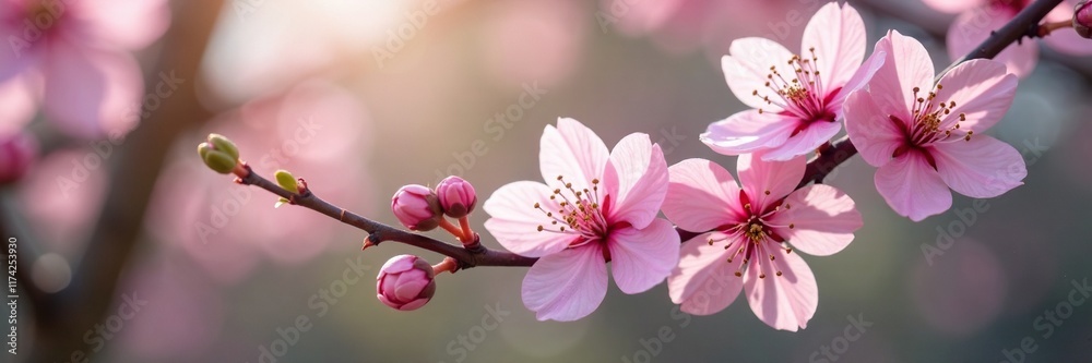 Delicate pink flowers entwined with white blooms on a slender tree branch, spring flowers, tree branch, branches Delicate pink flowers entwined with white blooms on a slender tree branch, spring flowers, tree branch, branches