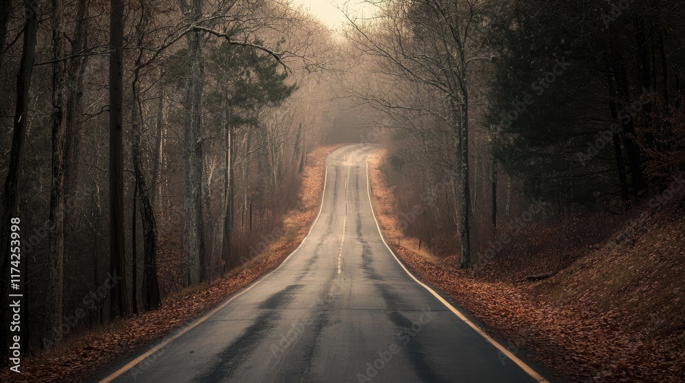 Serene winter road winding through a foggy forest with barren trees and fallen leaves creating a tranquil and picturesque landscape scene Serene winter road winding through a foggy forest with barren trees and fallen leaves creating a tranquil and picturesque landscape scene