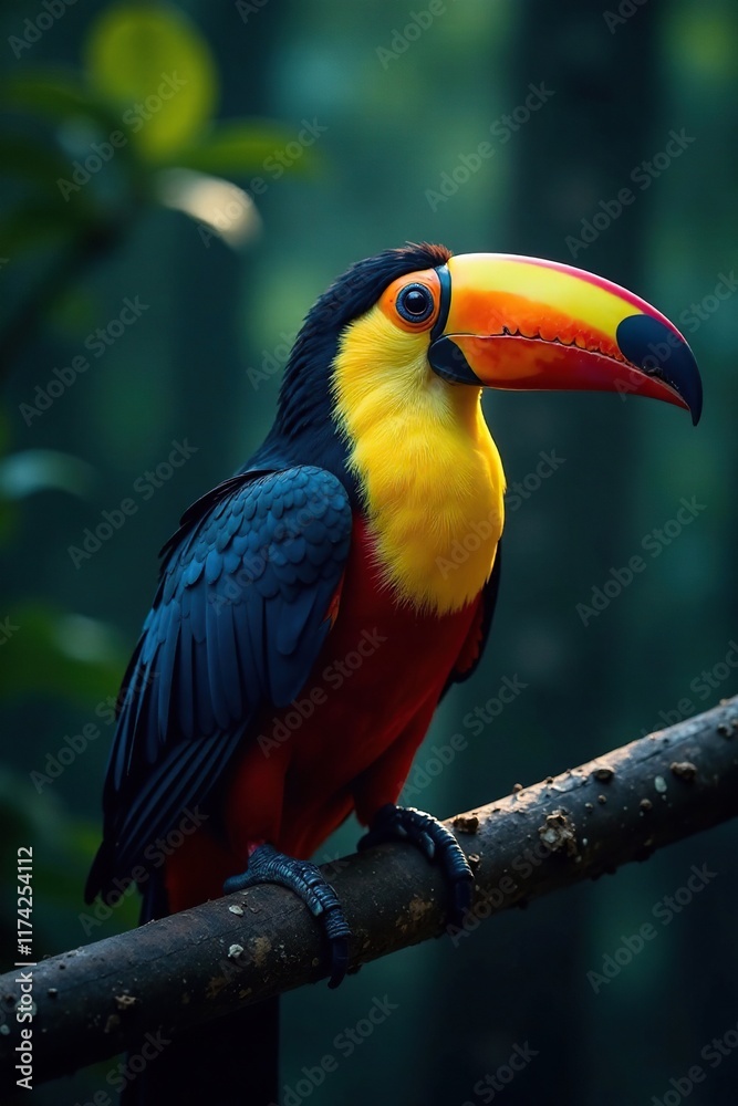 Fototapeta premium Iridescent feathers glowing in dim forest light, toucan, shadows, illuminated