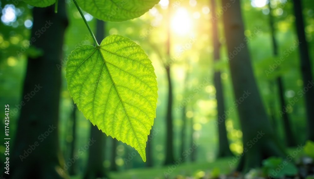 Fototapeta premium Leaf in a forest canopy with sunlight filtering, light, natural