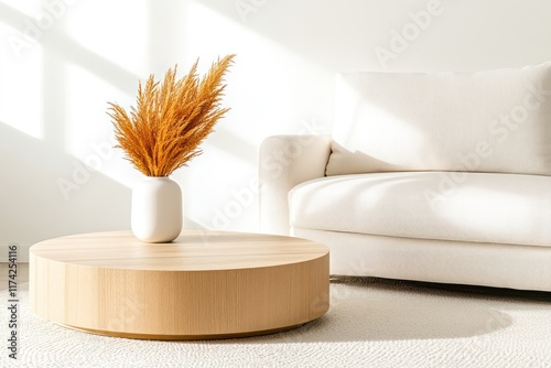 Mid Century Scandinavian Living Room with Wooden Coffee Table and Armchair