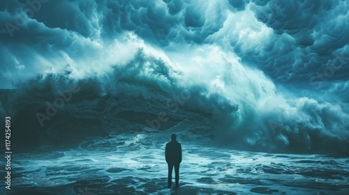 Man standing in front of huge storm waves, AI generated image photo