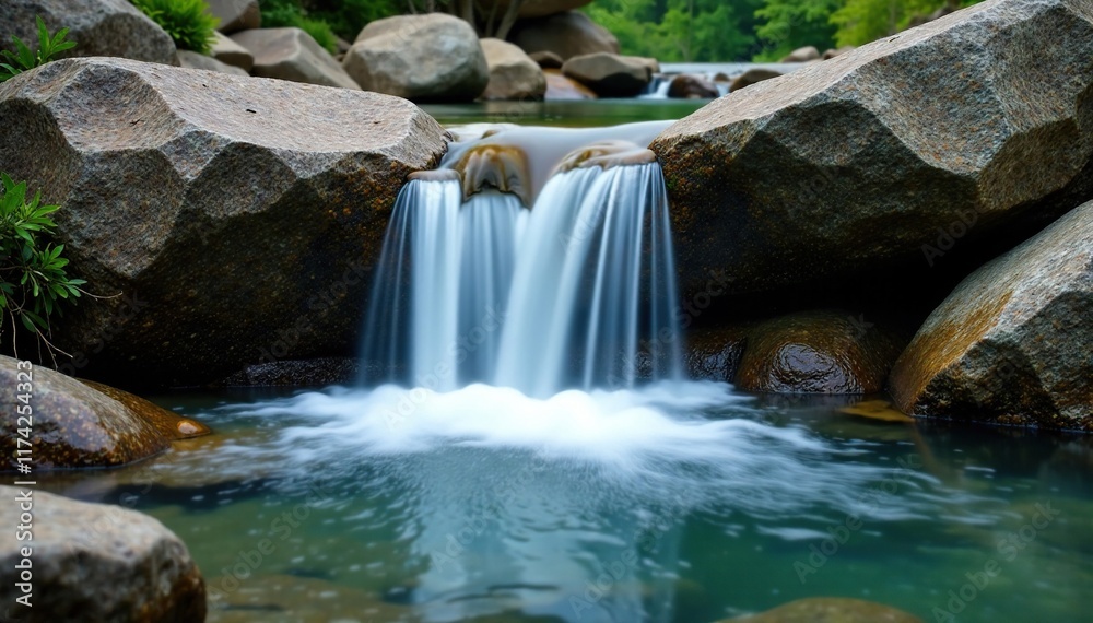Waterfall flows over a bed of smooth rounded rocks in a serene pool, waterfall, rounded, flow Waterfall flows over a bed of smooth rounded rocks in a serene pool, waterfall, rounded, flow
