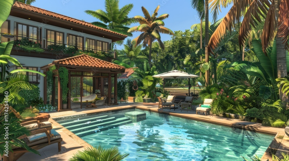 Luxury house with tropical garden, AI generated image Luxury house with tropical garden, AI generated image