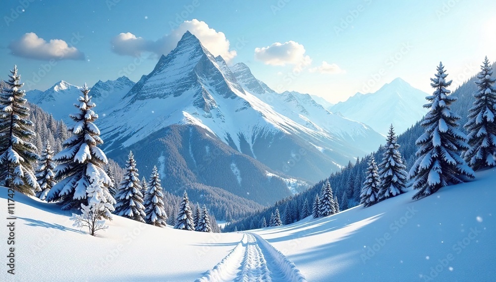 Fototapeta premium Snowy mountainside landscape with snowflakes gently falling on the ground, bare trees, icy, mountainside