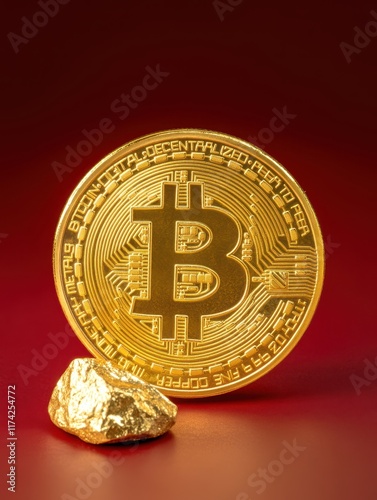 Bitcoin concept with digital currency coin and gold nugget on rich red background emphasizing wealth and investment, for finance themes and cryptocurrency discussions or educational purposes