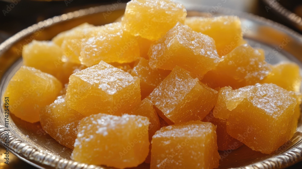 Delicious Soft Chewy Petha Indian Sweet Diced Cubes Served on Golden Platter Traditional Candies Dessert Popular in India Delicious Soft Chewy Petha Indian Sweet Diced Cubes Served on Golden Platter Traditional Candies Dessert Popular in India
